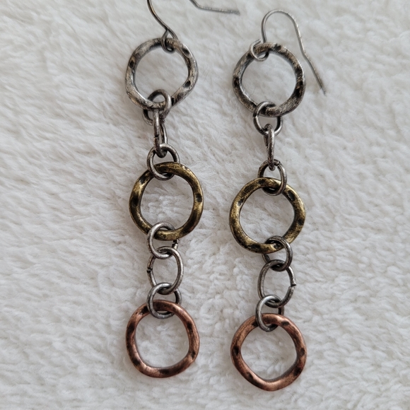 Tri-Color 3-Ring 2.5" Dangle Earrings | silvertone, goldtone & coppertone EUC - Picture 7 of 10